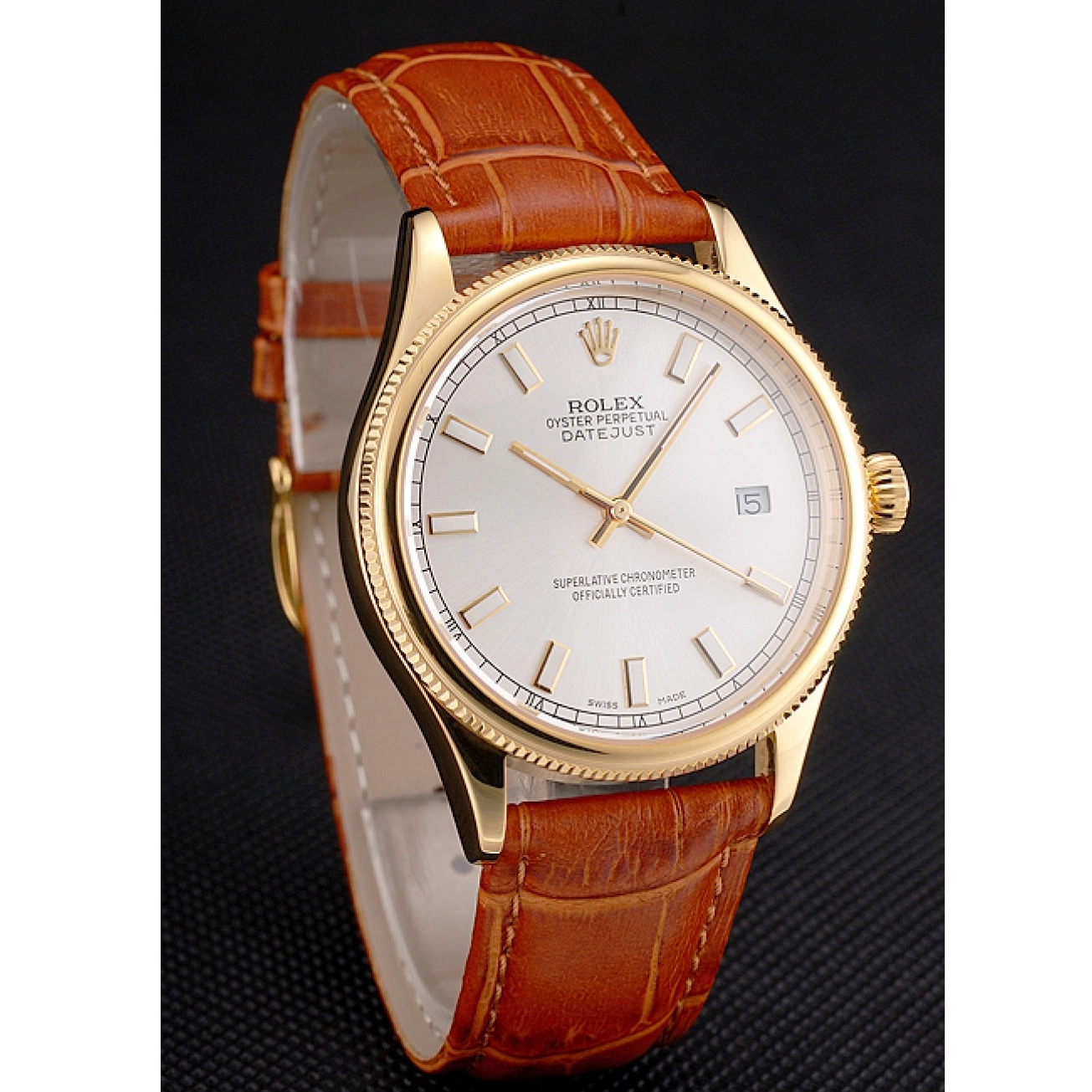 Aaa replica watch Strap Rolex Brown Dial Leather Datejust Swiss Gold Case White Light 0724